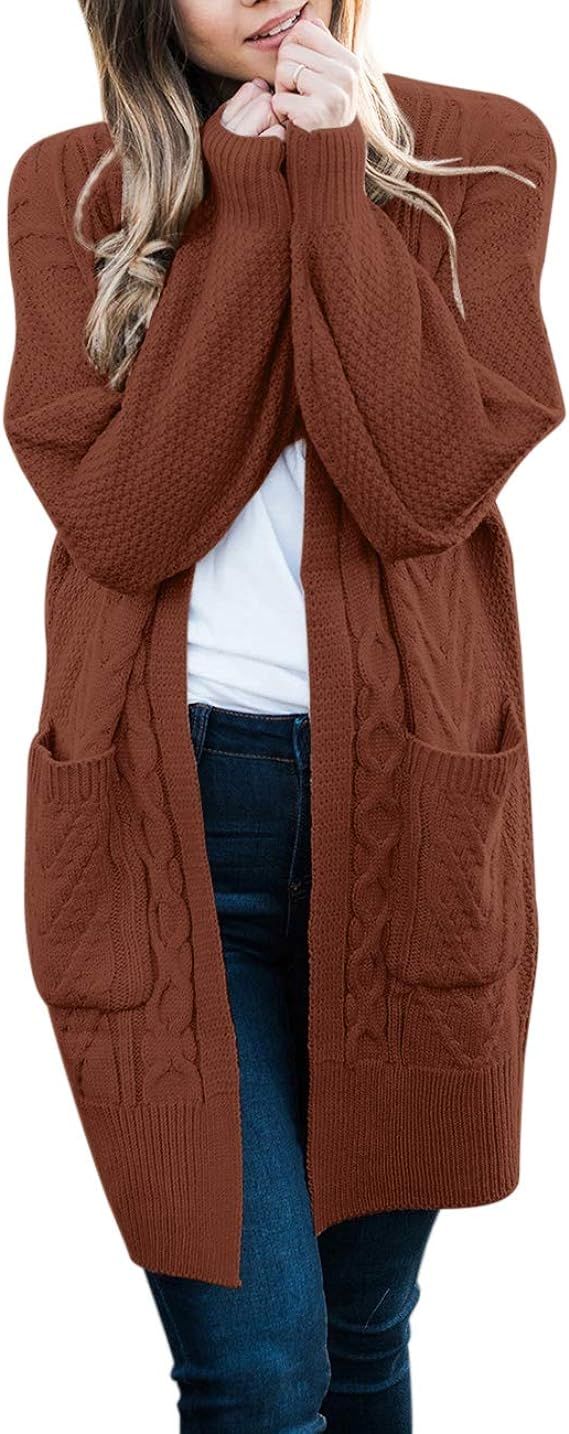 MEROKEETY Women's Cable Knit Batwing Sleeve Chunky Cardigan Open Front Pockets Sweater Coat | Amazon (US)