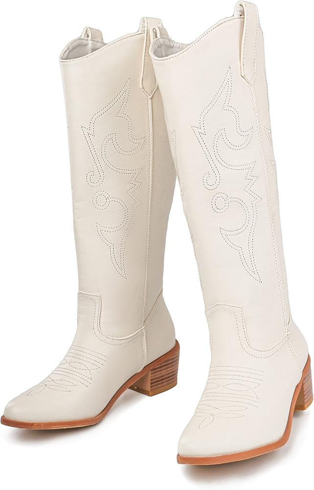 Women's Embroidered Western Cowboy Cowgirl Boots Chunky Heel Pull On Round Toe Mid Wide Calf Wedding | Amazon (US)