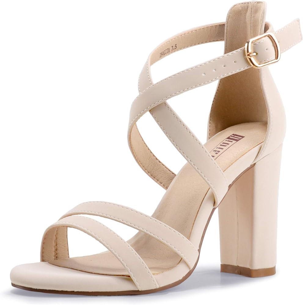 IDIFU Women's Chunky High Heel Sandal Strappy Open Toe Ankle Strap Dress Shoes for Women Bridesmaid  | Amazon (US)