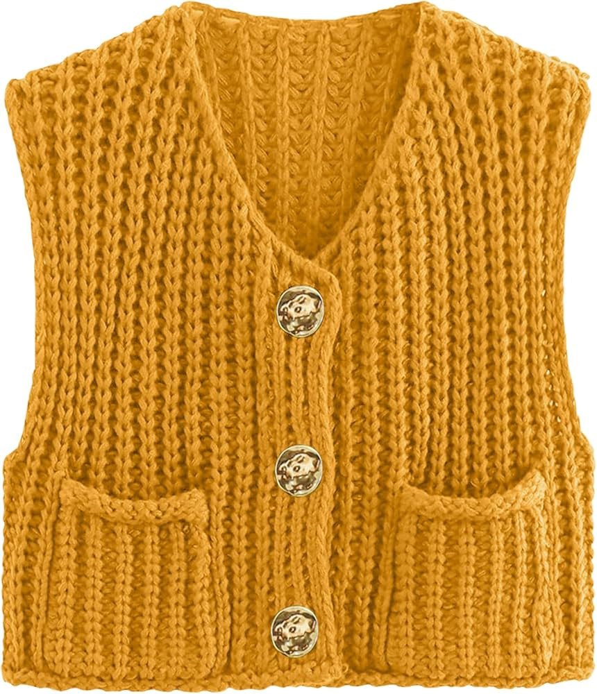 Flygo Womens Sleeveless Sweater Vest 2025 Spring Summer Crop Knit Top Chunky Crochet Button Cardi... | Amazon (US)