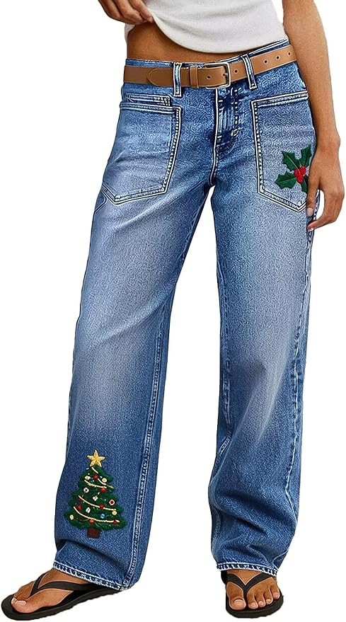 Flamingals Christmas Jeans for Women Mid Rise Straight Leg Stretchy Jeans with Patch Pocket Chris... | Amazon (US)