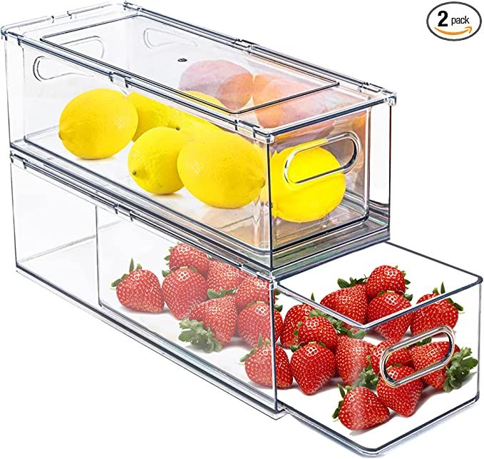 bealy 2 Packs Refrigerator Organizer Bins with Pull-out Drawer,Stackable Fridge Organizers and St... | Amazon (US)