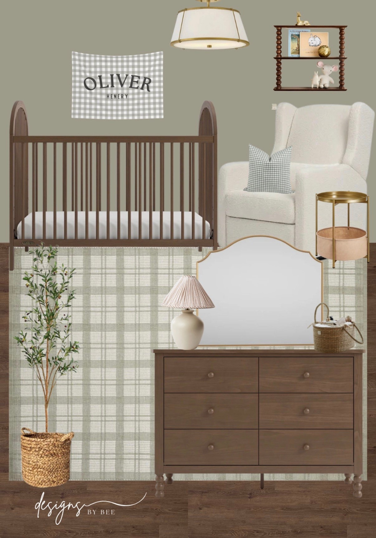 nursery inspiration, neutral nursery decor, sage green nursery, earth tone baby room, grandmillennial nursery, traditional nursery design, gender neutral nursery, nursery mood board, cottagecore nursery, vintage inspired baby room, classic nursery furniture, gingham nursery accents, cozy nursery nook, modern traditional nursery, warm wood nursery, dark wood crib, bouclé glider chair, scalloped mirror, plaid area rug, pleated lamp shade, gold nursery accents, spindle wall shelf, olive tree decor, nursery styling, baby room ideas 

 #LTKHome #LTKKids