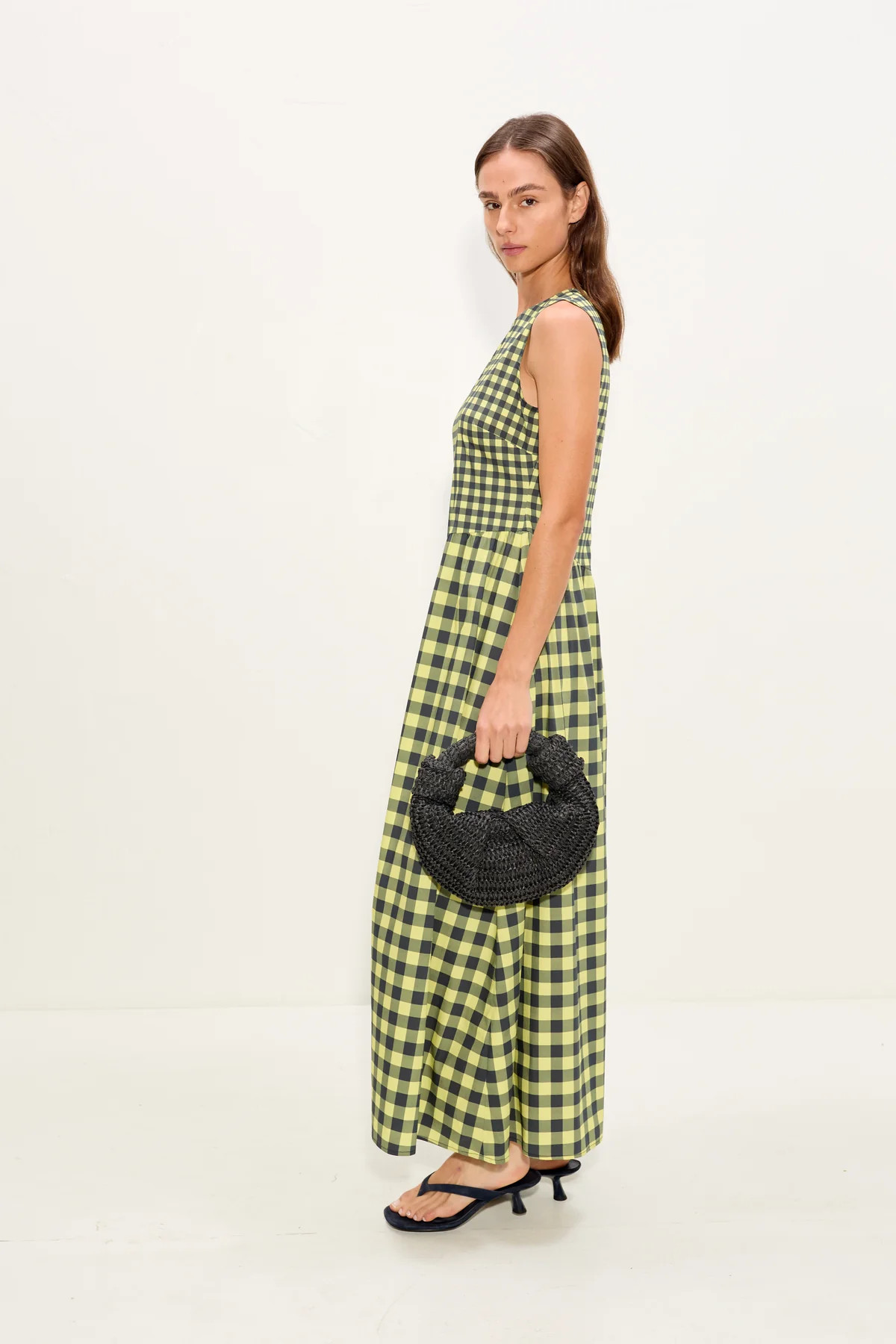 Laurel Poplin Midi Dress In Peridot/Ebony Gingham | Simon Miller