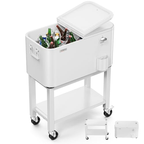 VINGLI 60 Quart Rolling Ice Chest on Wheels, Portable Patio Party Bar Drink Cooler Cart, with Shelf, Beverage Pool with Bottle Opener,Water Pipe (Black) (White, 60QT) | Amazon (US)