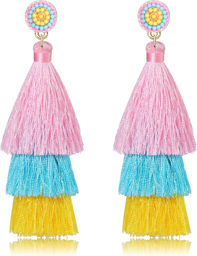 VOGUEKNOCK Tiered Tassel Drop Earrings Druzy Round Top Earring Studs for Women | Amazon (US)