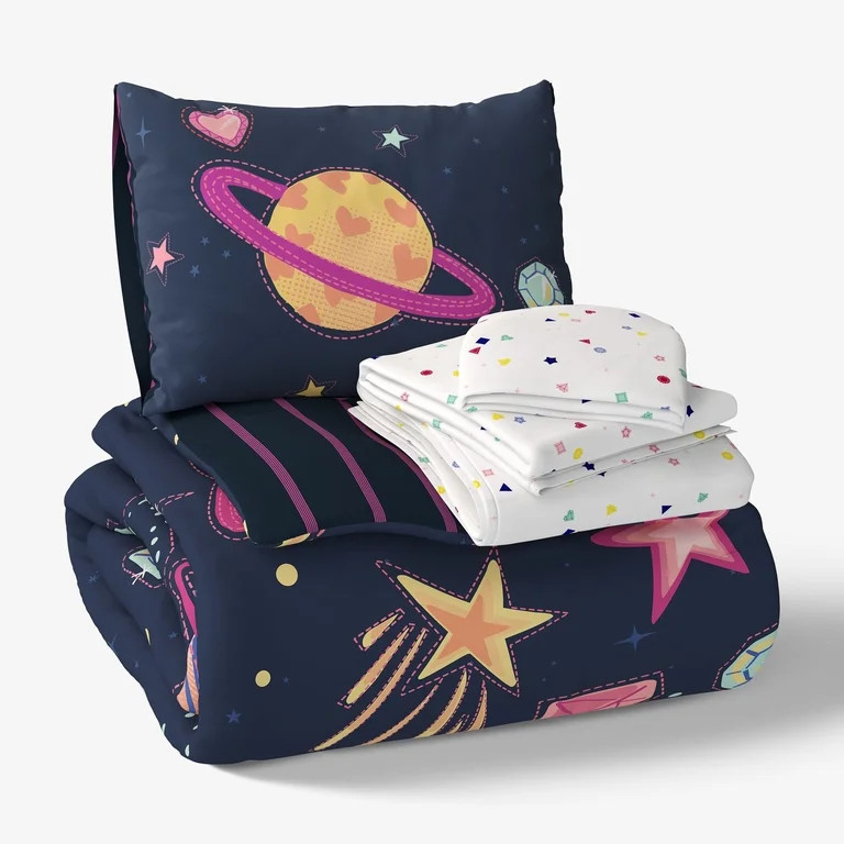 Mainstays Kids Space Gems Glow in the Dark Reversible Comforter Set with Sheets, Twin, 5 Pieces | Walmart (US)