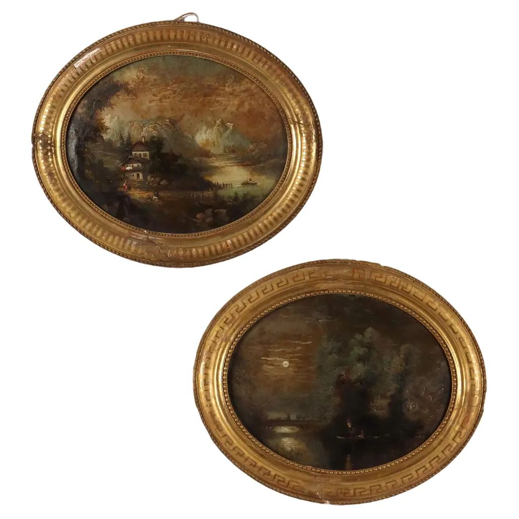 Landscapes and Figures, Oval Paintings on Glass, Framed, Set of 2 | Chairish