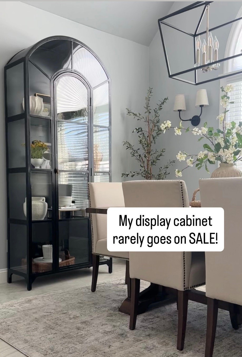 Early 4th of July sales! My display cabinet does not go on sale that frequently! Shop my area rug, vase also on sale! Sconces, chandelier, similar dining room furniture.