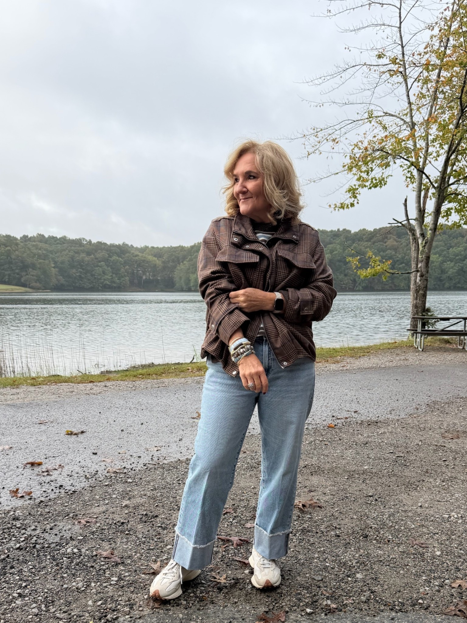 Heading home. Love the little park Fall Creek Falls. The hotel is modern but simple. 
Jacket medium 
Sweater medium 
White tee large 
Jeans 1.0 love these! 
Sneakers are a favorite for travel 
20% off my bracelets code NANETTE20