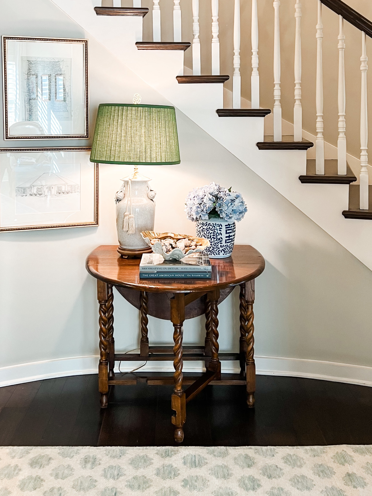 Foyer decor clam shell faux hydrangeas blue hydrangeas pleated lampshade green lampshade gate leg table drop leaf table vintage alabama map 

#LTKFind #LTKhome