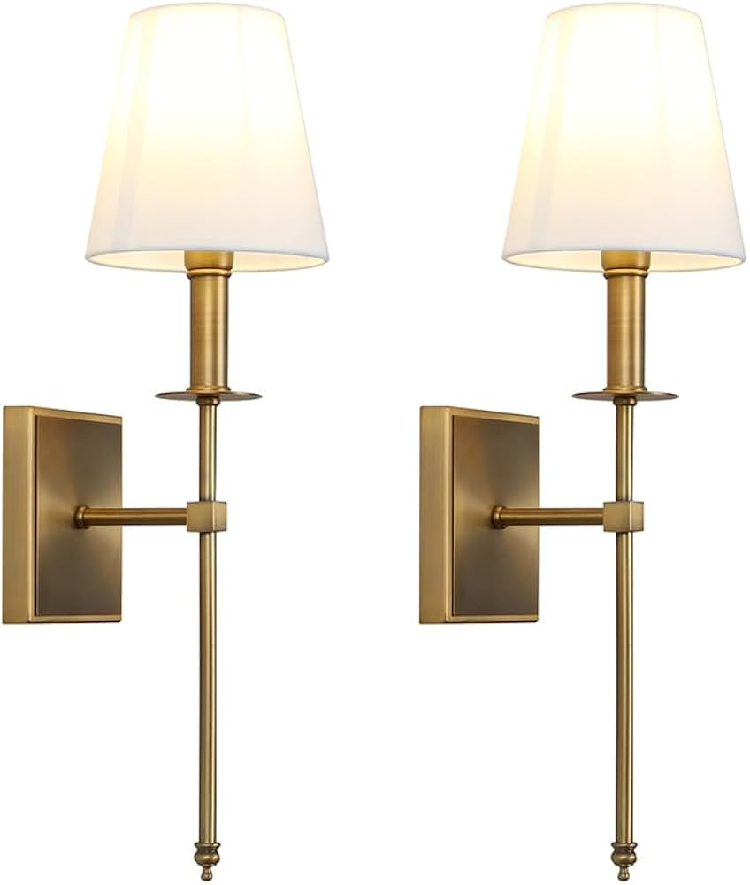PERMO Set of 2 Classic Rustic Industrial Wall Sconce Lighting Fixture with Flared White Textile L... | Amazon (US)