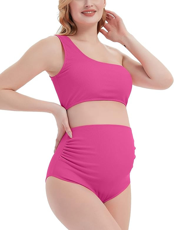 SWEETBUMP Maternity Two Piece Swimsuit High Waist One Shoulder Bikini Bathing Suits | Amazon (US)