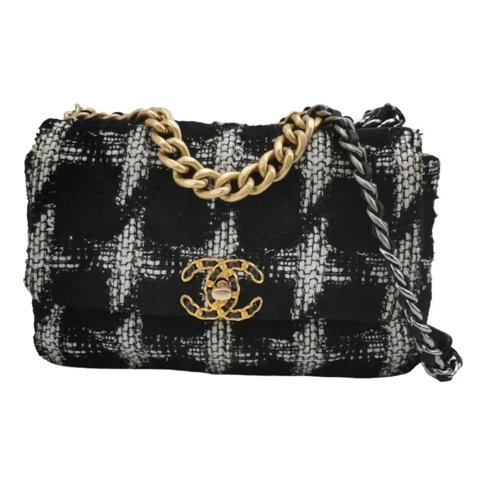Chanel 19 Bag 2021 Small Black White Checkered Tweed Bag | 1stDibs