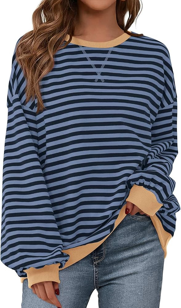 BTFBM Women's Striped Pullover Tops 2024 Fall Clothes Long Lantern Sleeve Soft Loose Crew Neck Y2... | Amazon (US)