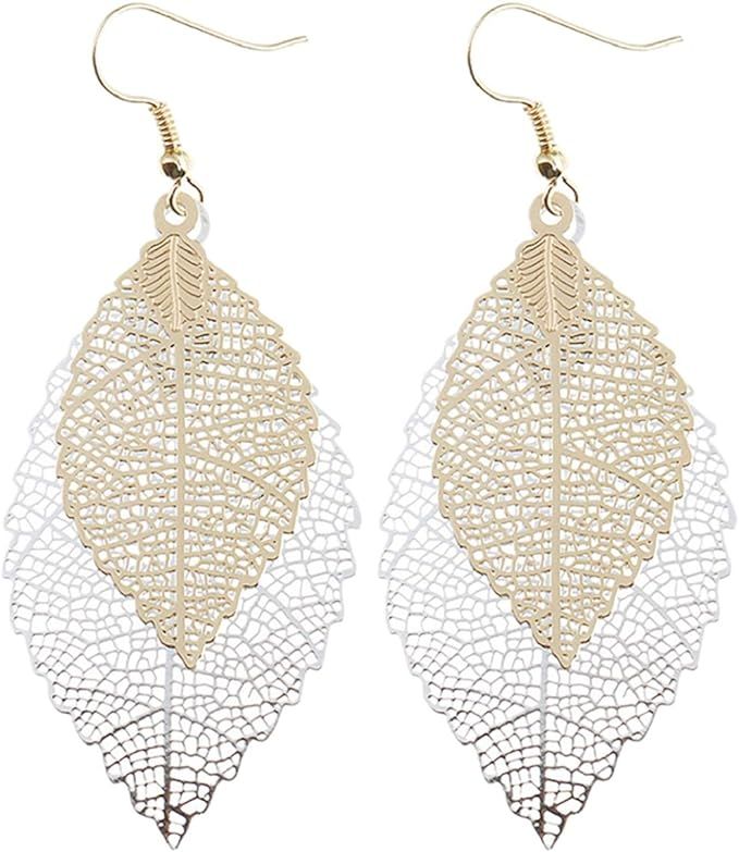 Harlorki Women Lady Alloy Metal Tree Leaf Shape Hollow Out Hook Earrings Fashion Jewelry | Amazon (US)