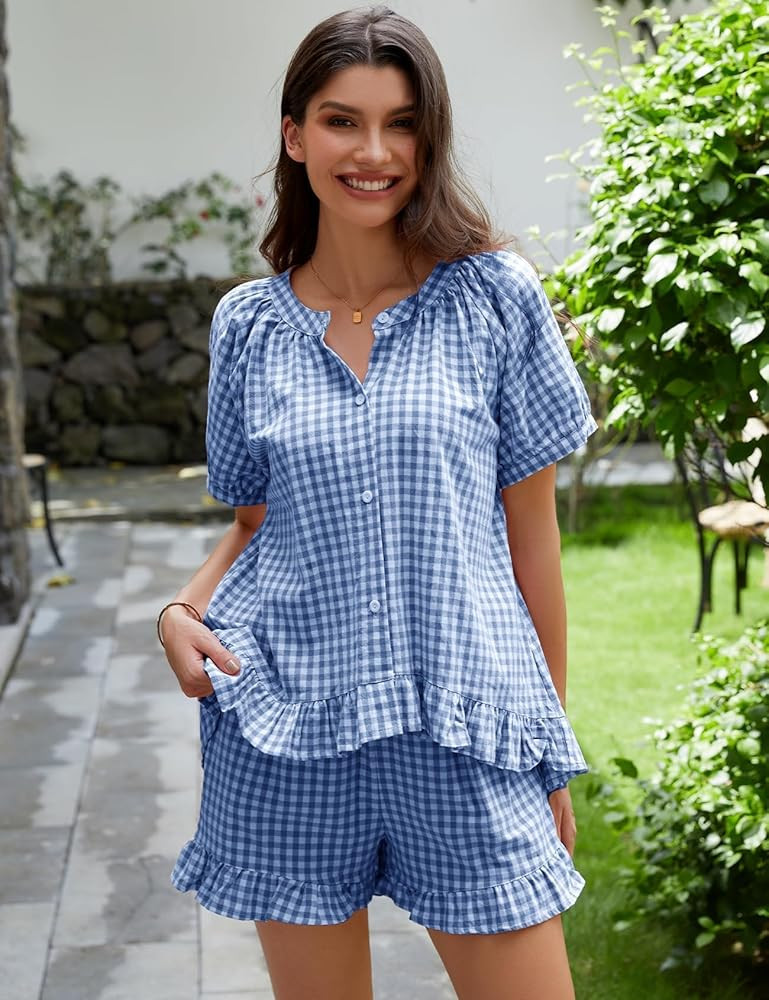 Flygo Womens Gingham Pajamas Set 2 Piece Cotton Pj Lounge Sets Puff Sleeve Ruffle Babydoll Shirt ... | Amazon (US)