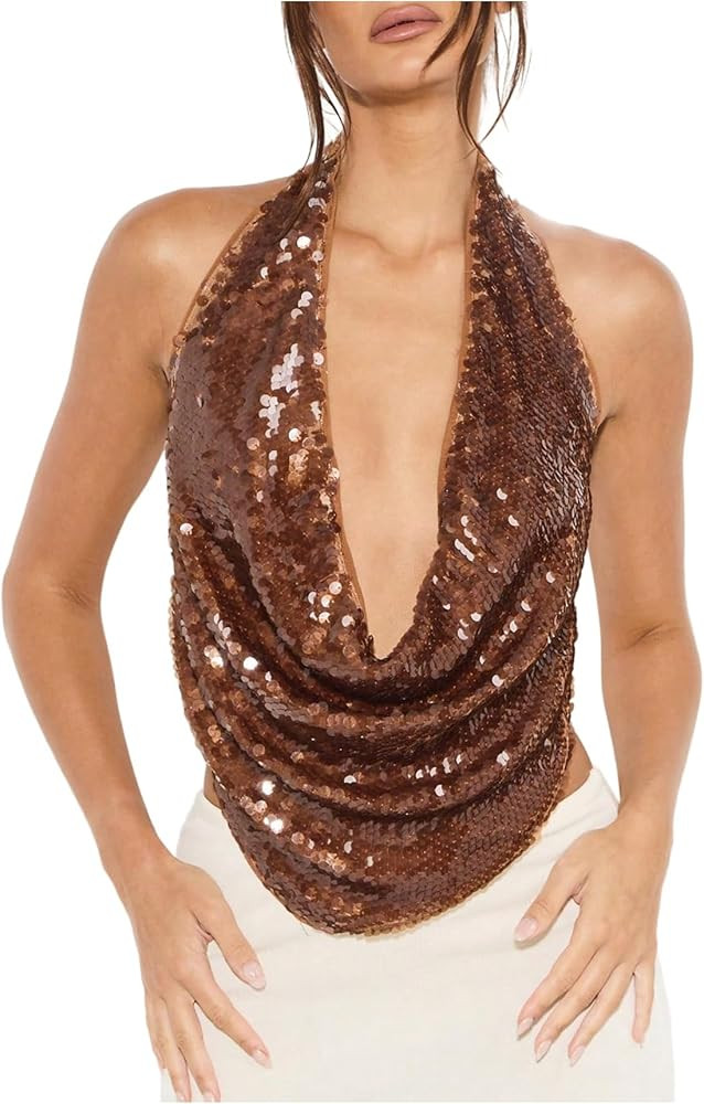 MakeMeChic Women's Sequin Sparkly Halter Tops Deep V Neck Backless Draped Party Going Out Tank | Amazon (US)