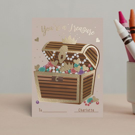 "You're A Treasure" - Customizable Foil Valentine Cards in Orange by Jennifer Holbrook. | Minted