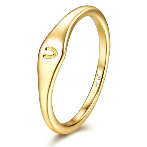 Florideco 14K Gold Filled Ring Initial Ring Dainty Simple Letter Band Rings Signet Stackable Pinky Alphabet Thin Thumb Rings for Women Non Tarnish V7 | Amazon (US)
