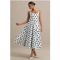 Berta | White And Navy Polka-Dot Square-Neck Midi Dress | Club L London