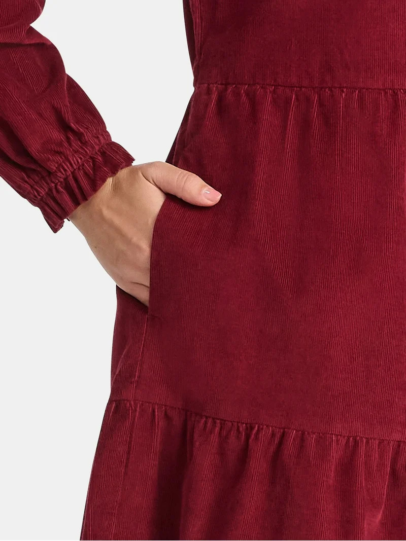 Time and Tru Women's Tiered Corduroy Dress with Long Sleeves, Sizes XS-XXXL | Walmart (US)