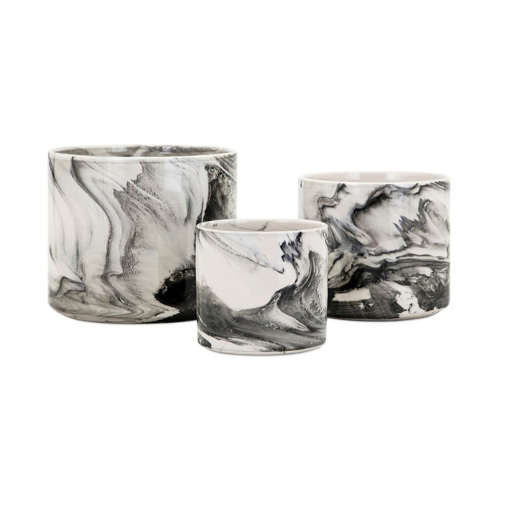 Kai Faux Marble Planters - Set of 3 - White & Black - Benzara | Bed Bath & Beyond