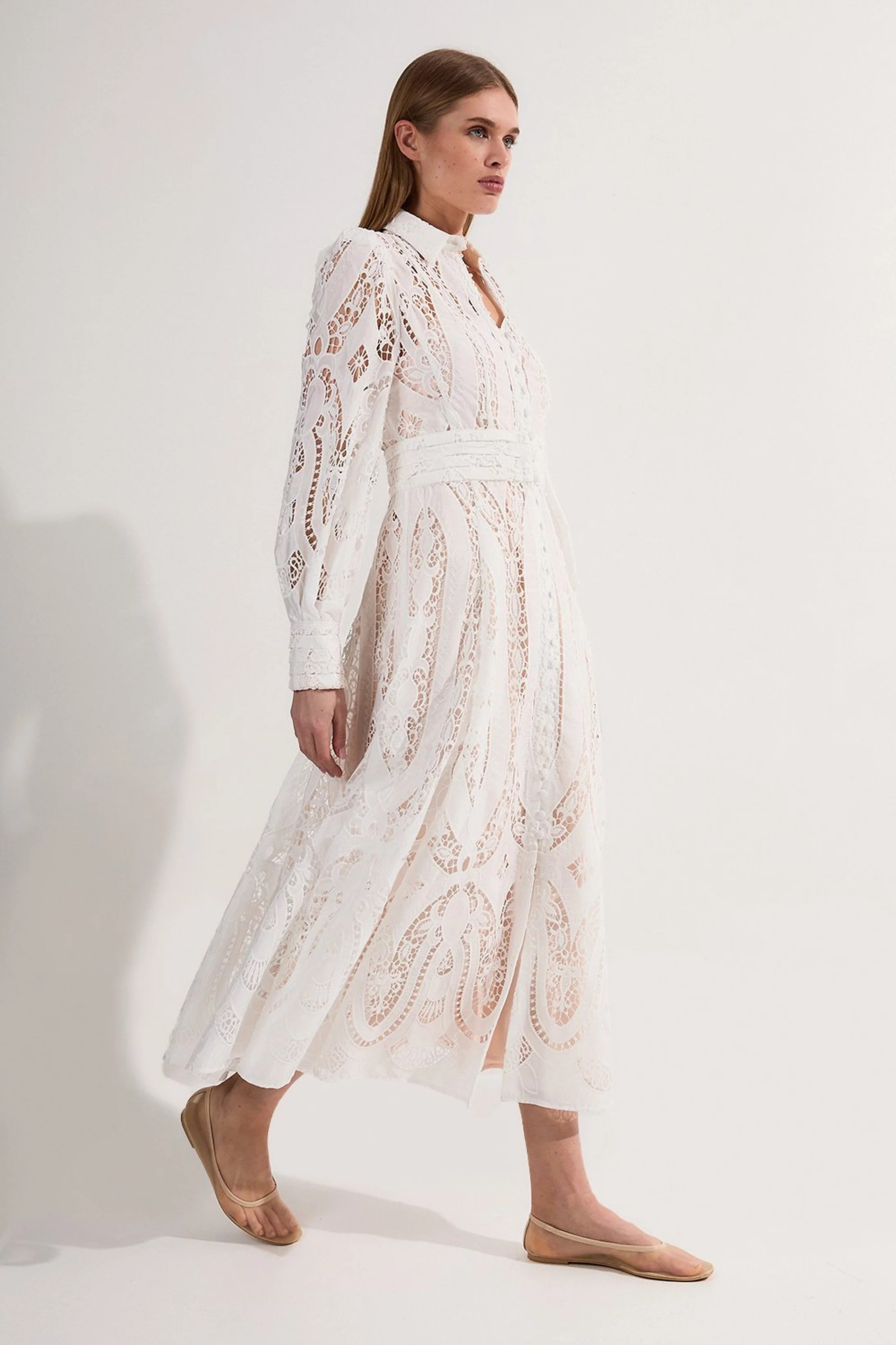 Sheer Georgette Cutwork Balloon Sleeve Woven Maxi Dress | Karen Millen | Karen Millen UK + IE + DE + NL