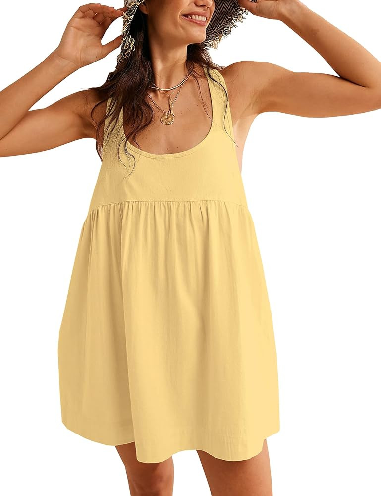 Womens Summer Dresses Sleeveless Square Neck Mini Dress Open Back Casual Babydoll Sundress | Amazon (US)