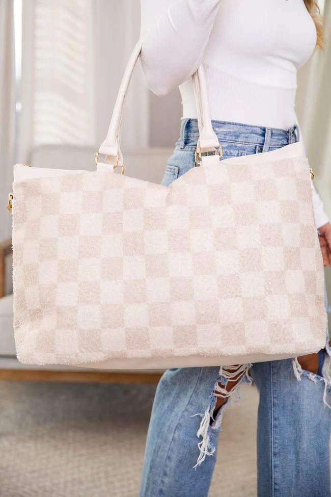 Fuzzy Nude Checkered Tote Bag | Pink Lily