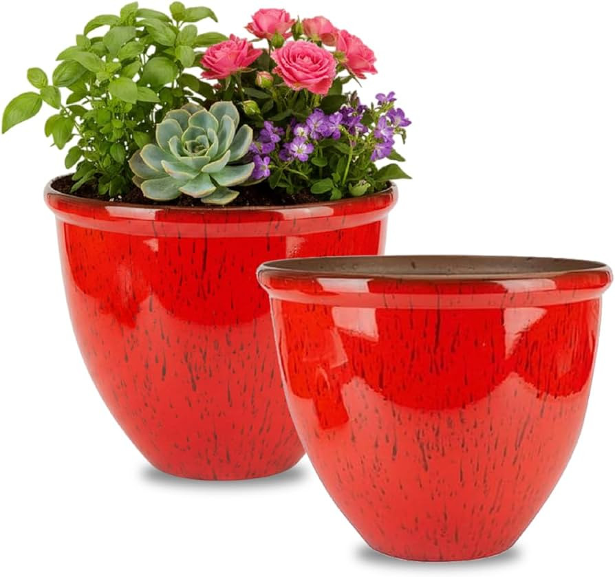 Set of 2 Ceramic Look Planters \u2013 30cm Glazed Finish Decorative Indoor & Outdoor Flower Pots ... | Amazon (UK)