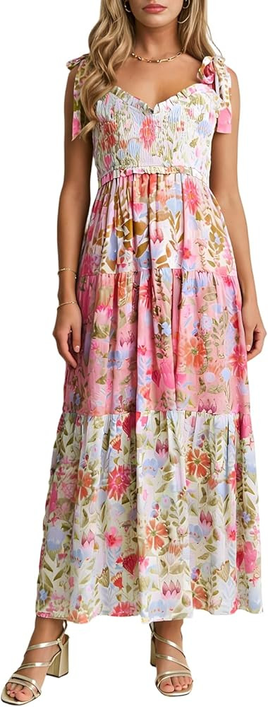 Women Y2K Floral Flowy Long Maxi Dress Tie Shoulder Spaghetti Strap Smocked Tiered Boho Swing A-l... | Amazon (US)