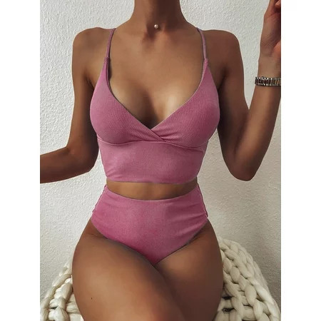ZAFUL for Women Two Pieces Swimwear Adjustment Ribbed High Leg Surplice Tankini Swimsuit Pale Violet Red XL | Walmart (US)