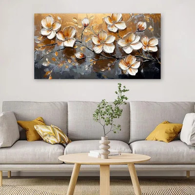 Canvas Wall Art Decor Wall Art Pictures For Living Room Vintage Floral Wall Art Decor White Gold Wall Art Prints Large Artwork For Walls Canvas Art Wa | Wayfair North America