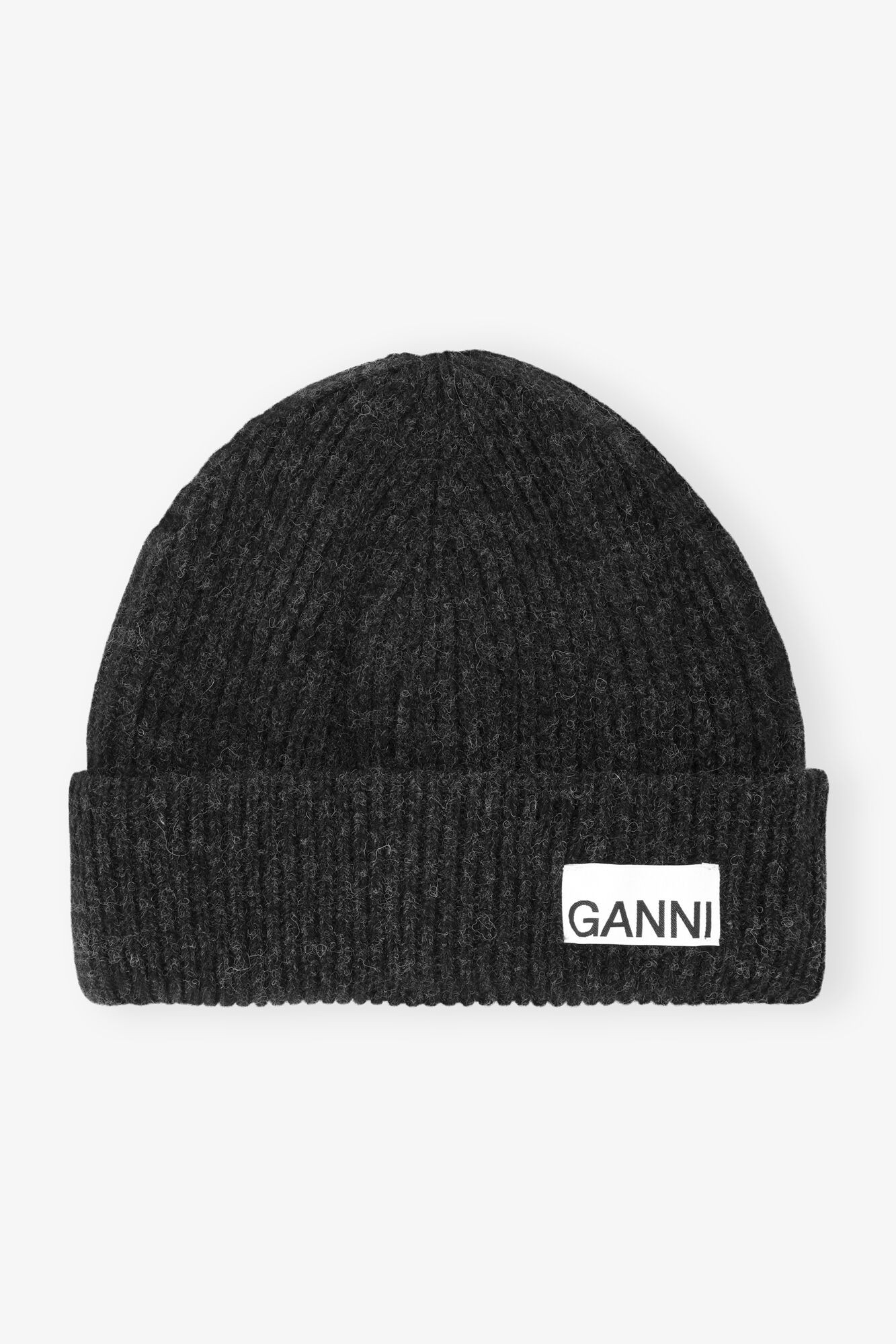 Dark Grey Fitted Wool Rib Knit Beanie | Ganni