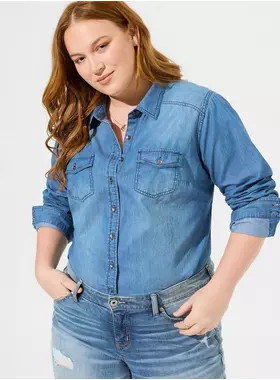 Taylor Medium Wash Denim Button-Down Shirt | Torrid (US & Canada)