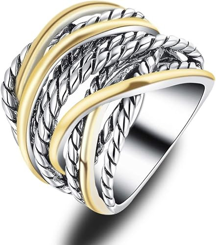Gold and Silver Statement Rings for Women Wire Intertwined Design 14K Gold Plated Silver Band Rin... | Amazon (US)