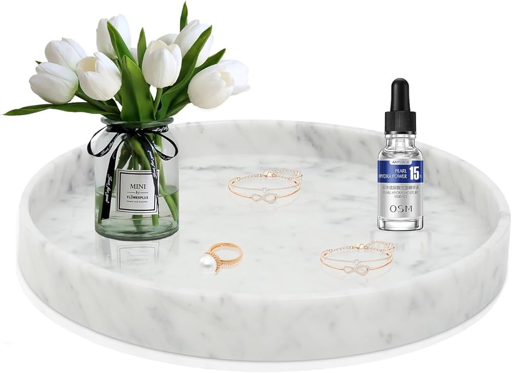10'' White Marble Round Vanity Tray, Storage Tray, Serving Tray, Catchall Organizer for Dresser B... | Amazon (US)