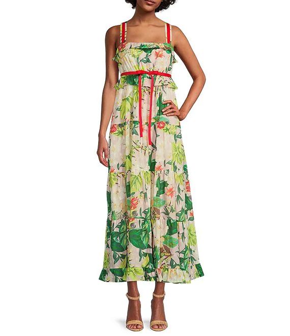 Tahlia Floral Print Square Neck Tie Waist Sleeveless Ruffle Hem Maxi Dress | Dillard's