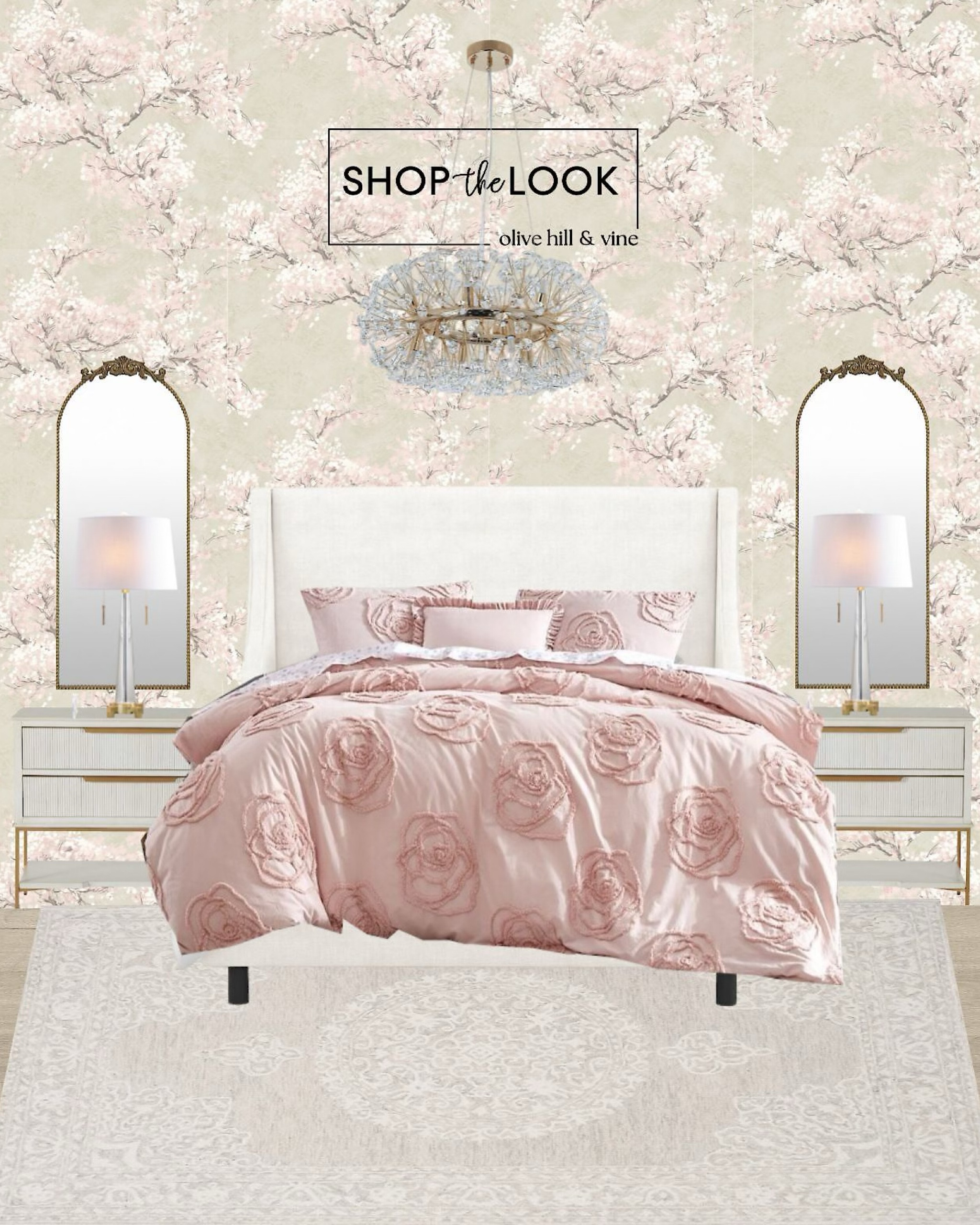 Soft pink hues and floral elegance come together in this dreamy bedroom design. An upholstered wingback bed sets the tone, flanked by wide nightstands with gold ribbed-front drawers. Cherry blossom wallpaper, crystal lamps, and a tufted rose duvet complete the look. 

#LTKFamily #LTKHome #LTKStyleTip
