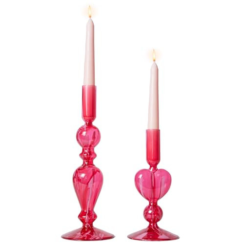 DN DECONATION Pink Glass Candle Holders Set of 2 – Heart Taper Candle Holders for Valentine's Day, Candlestick Holder Wedding Decorations, Farmhouse Home Coffee Table Decor & Housewarming Gifts | Amazon (US)