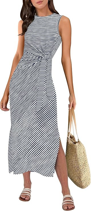 ANRABESS Womens Summer Casual Sleeveless T Shirt Midi Dress Slim Fit Tie Waist Split Tank Long Dr... | Amazon (US)