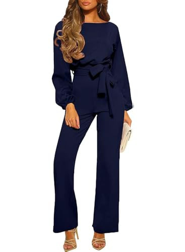STOLKISS Women's Casual Jumpsuits Loose Fit Belted Dressy Long Sleeve Crewneck Autumn Jumpsuit Long Wide Legs Formal Rompers | Amazon (US)