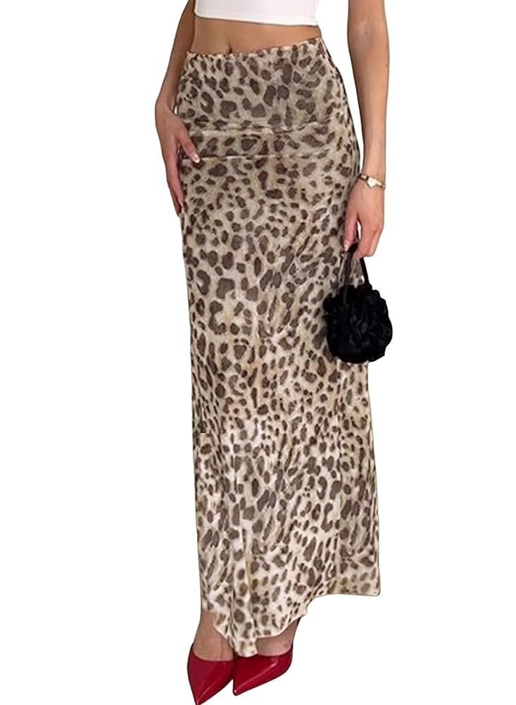 Women Summer Long Leopard Cheetah Print Sexy High Waisted A Line Mesh Stretchy Skirts | Amazon (CA)