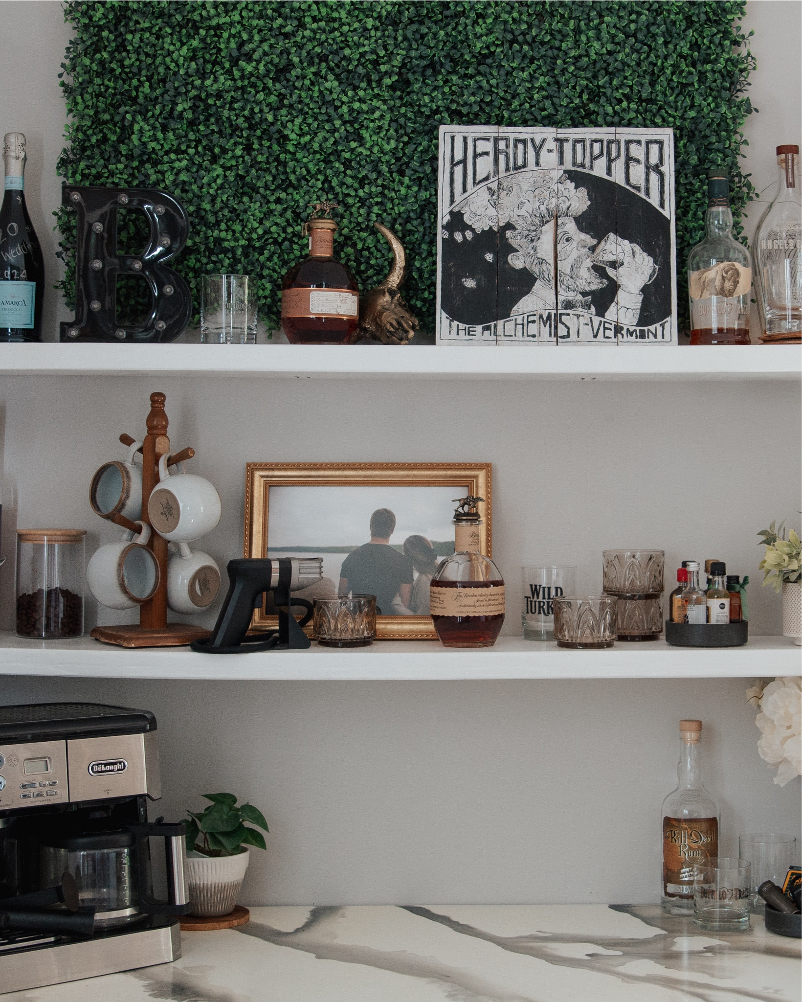 The bar is one of our favorite uses of space - and it has a secret (we turned the old built in desk into the faux marble top) 💞

#LTKVideo #LTKhome #LTKSeasonal