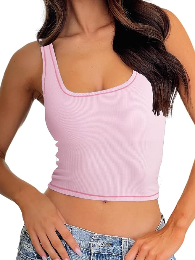 Danysu Women Rib Tank Top Padded Workout Top Square Neck Crop Tank Fitted Basic Cami Tops | Amazon (US)