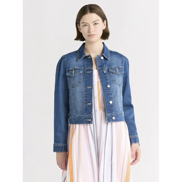 Free Assembly Women's Cropped Denim Jacket with Puff Sleeves, Sizes XS-XXL | Walmart (US)