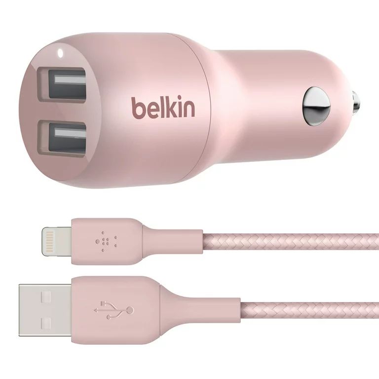 Belkin BOOSTCHARGE 24W Dual USB A Car Charger + USB A to Lightning Cable, Rose, 5 ft | Walmart (US)