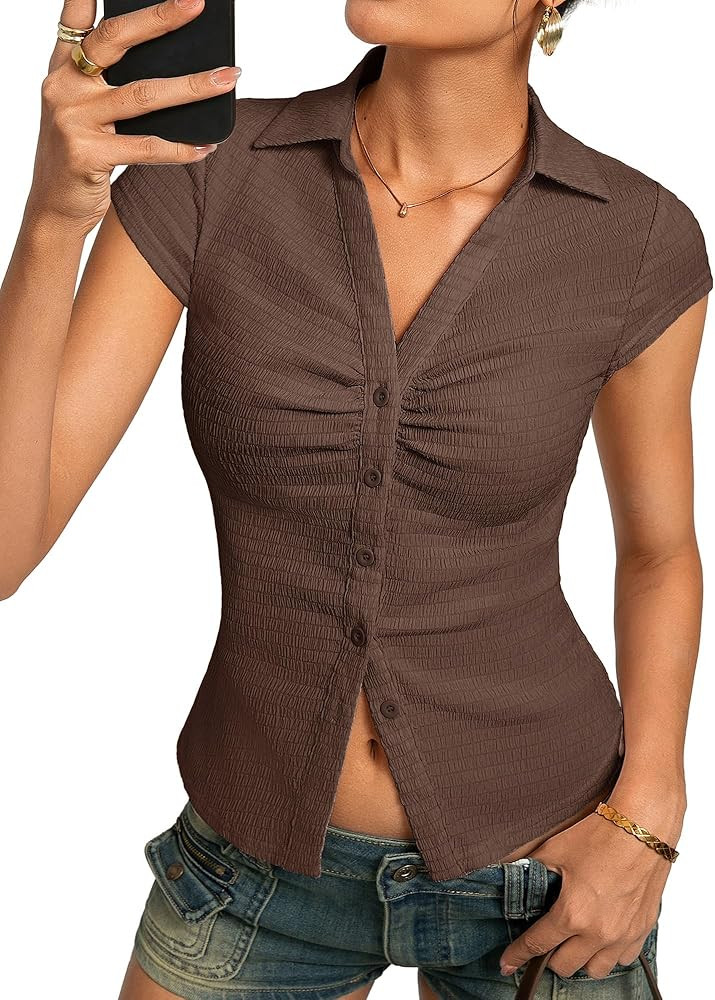 Kate Kasin Women Button Down Blouse, V-Neck Ruched Tops with Y2K Collar, Slim Fit Cap Sleeve Busi... | Amazon (US)