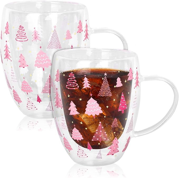 Christmas Double Wall Glass Coffee Mugs 12oz Cute Pink Xmas Tree Insulated Glasses Clear Espresso... | Amazon (US)